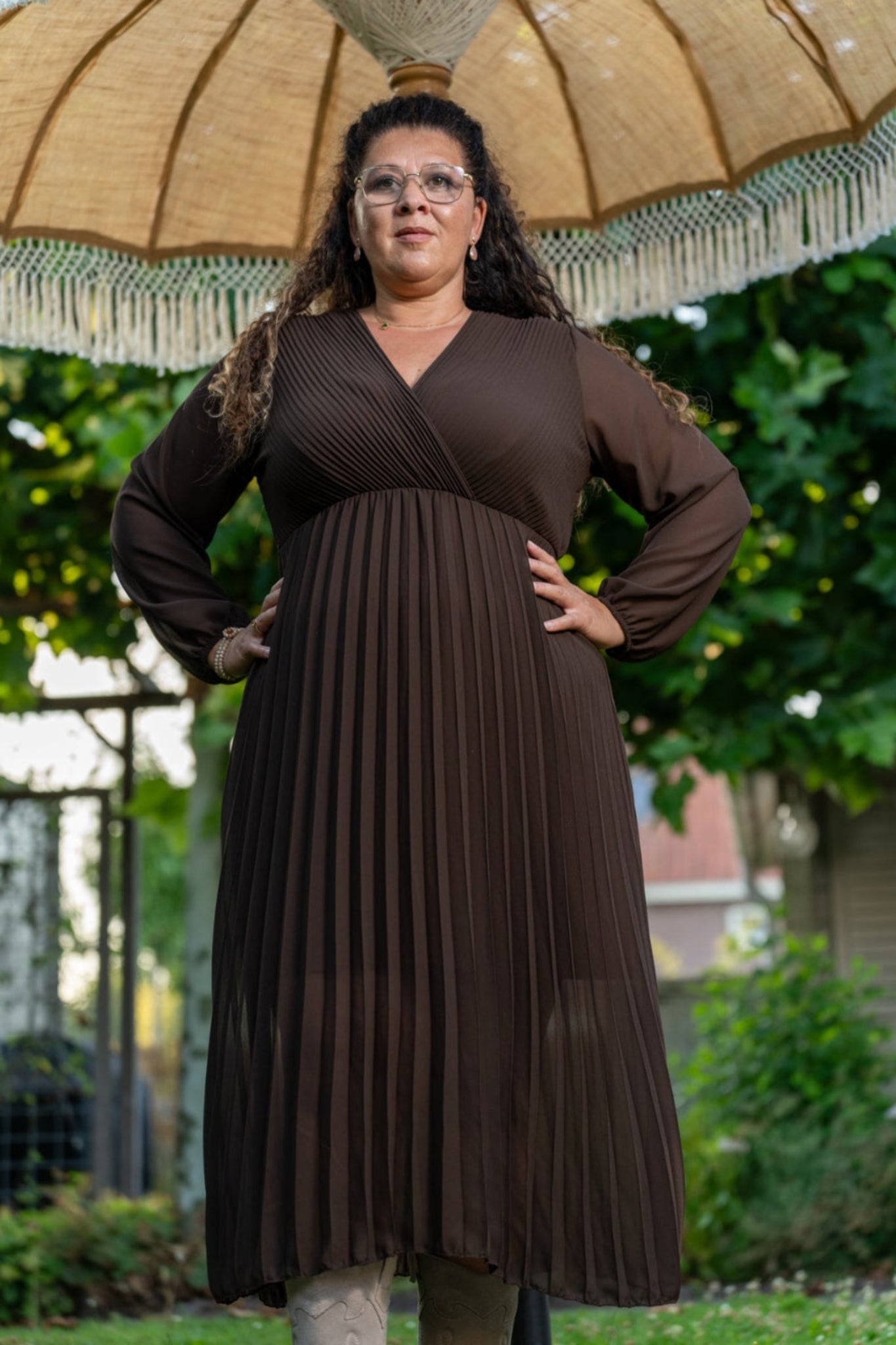 Plissé jurk maxi met lange mouwen