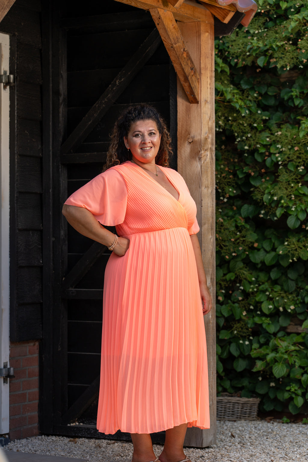 Plissé jurk maxi met korte mouwen